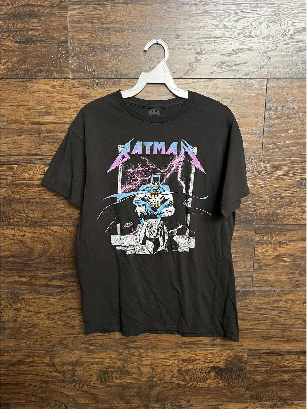 Faded Blue Batman T-shirt Lightnight Metallica Style Logo